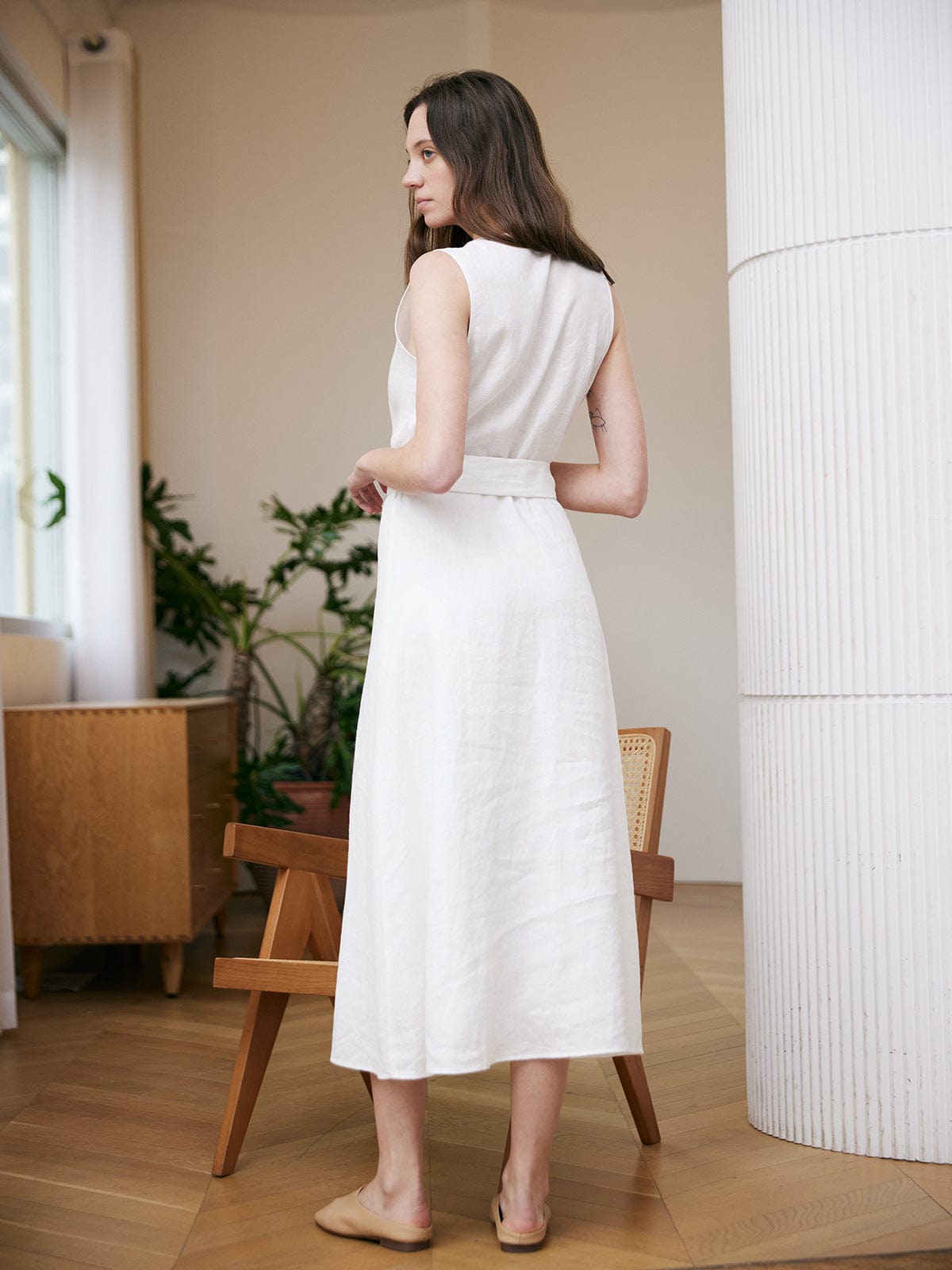 Women linen white dress with belt Sleeveless Italian Style