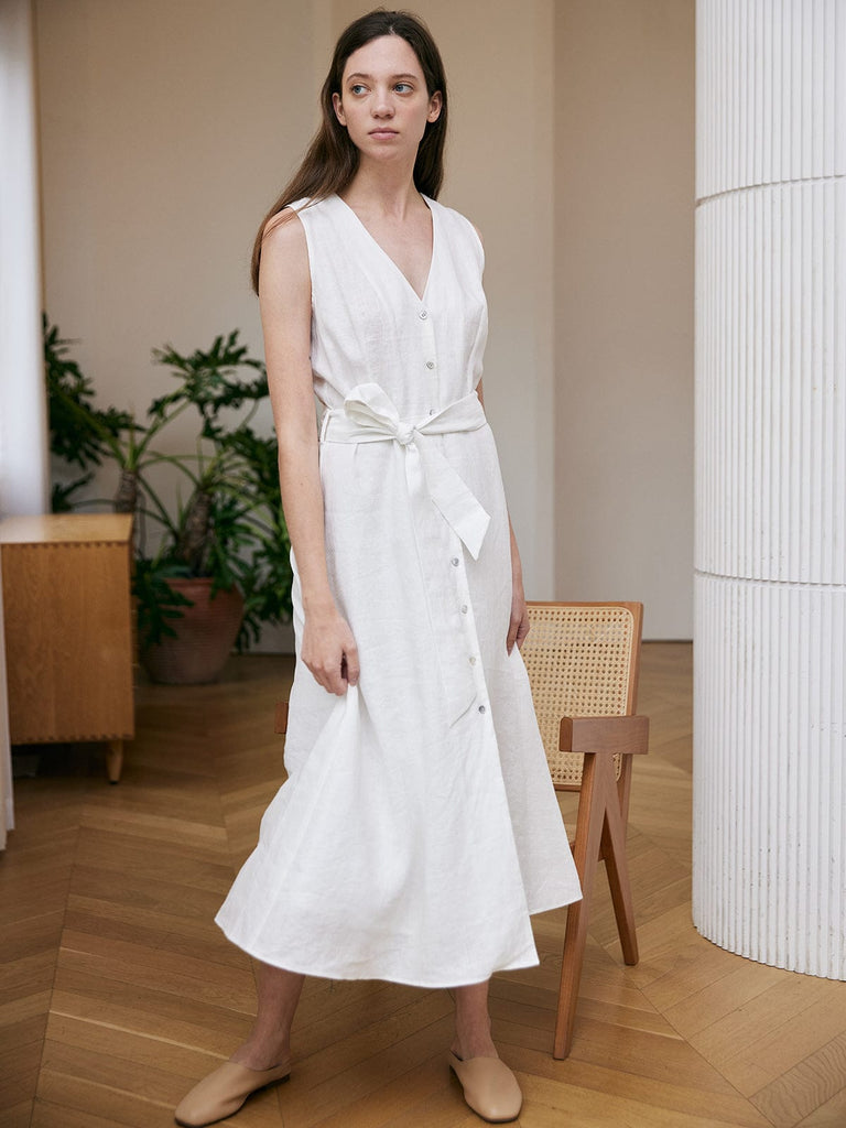 BERLOOK - Sustainable Midi Dresses _ White / S Sleeveless Belt Linen Midi Dress