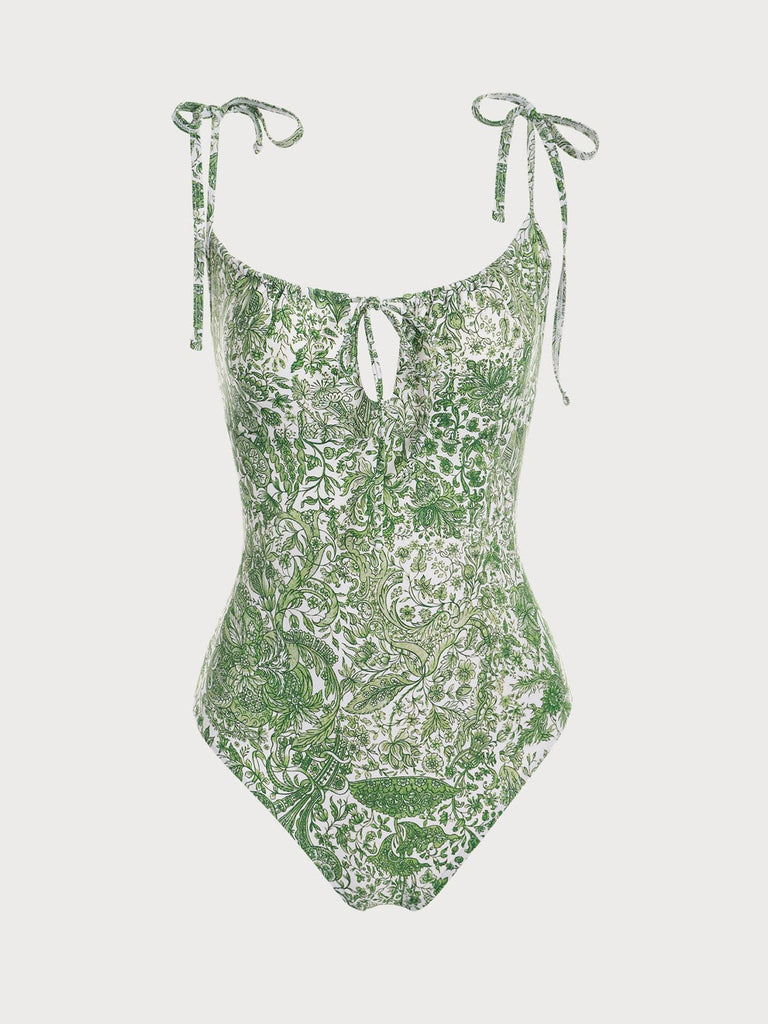 BERLOOK - Sustainable One-Pieces _ Green / XS Retro Floral Drawstring Ruched One-Piece Swimsuit