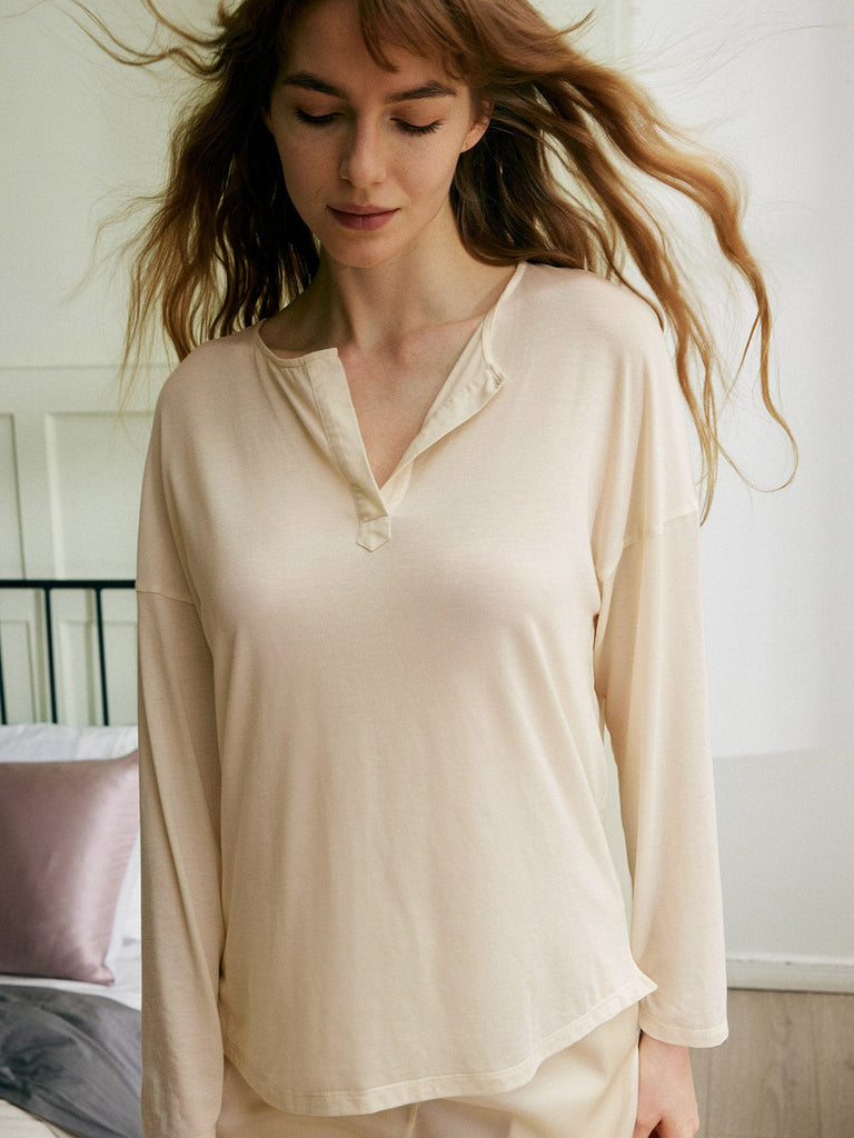 BERLOOK - Sustainable Pajama Tops _ Beige / S V Neck TENCEL™ Lyocell Fibers Split Top