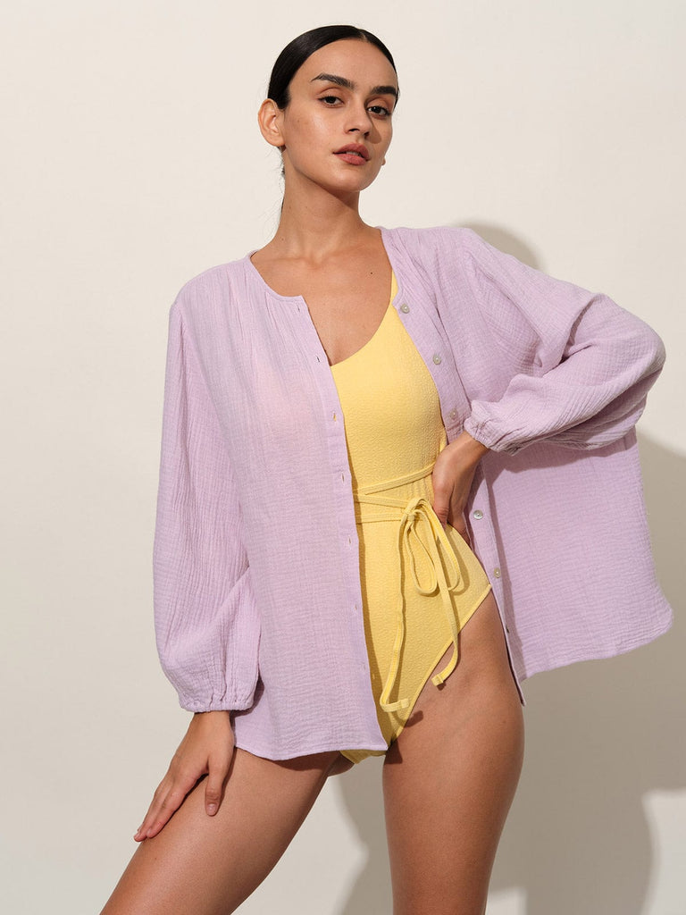 BERLOOK - Sustainable Pajama Tops _ Light Purple / S Solid Lantern Sleeve Organic Cotton Pajama Top