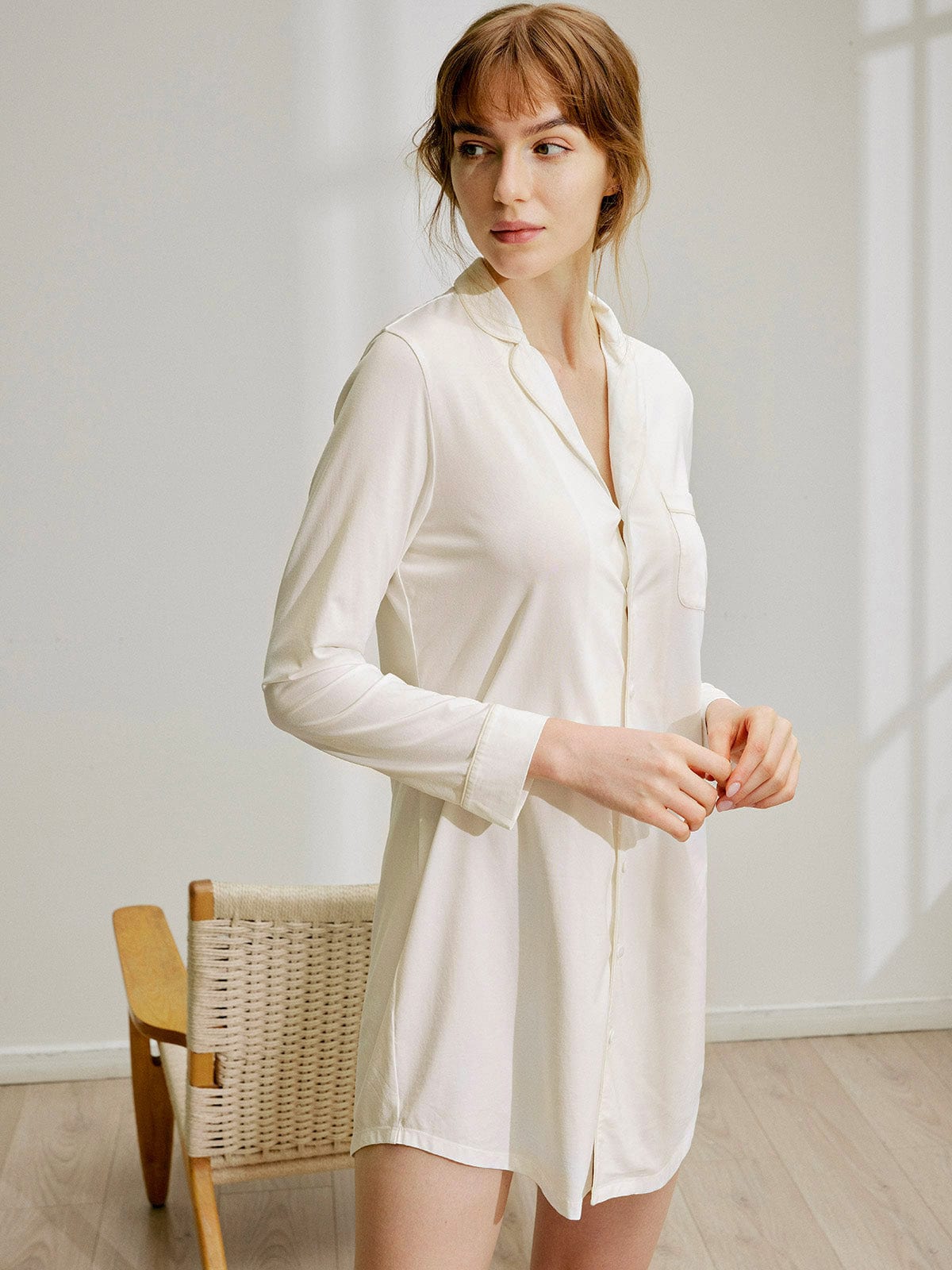 Pocket Piping Shirt Sleep Dress & Reviews - White - Sustainable Sleepwear