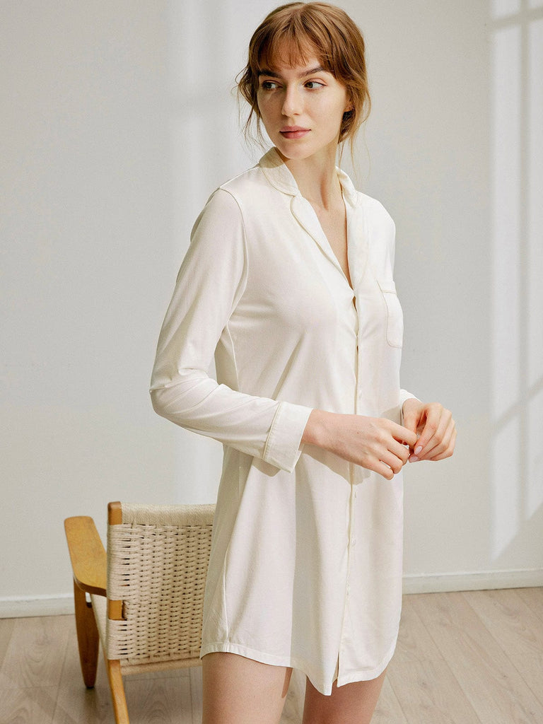 BERLOOK - Sustainable Sleep Dresses _ White / S Pocket Piping Shirt TENCEL™ Modal fibers Sleep Dress
