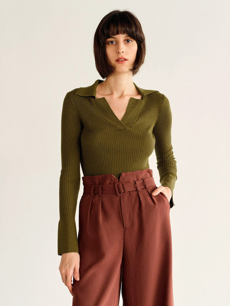 BERLOOK - Sustainable Sweaters & Knits _ Army Green / One Size Flare Sleeve Lapel Knit Top