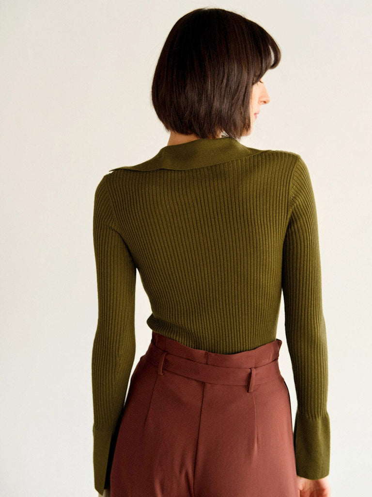 BERLOOK - Sustainable Sweaters & Knits _ Army Green / One Size Flare Sleeve Lapel Knit Top