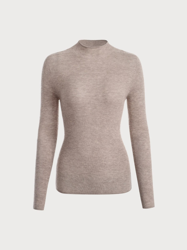 BERLOOK - Sustainable Sweaters & Knits _ Camel / One Size Mock Neck Wool Knit Top
