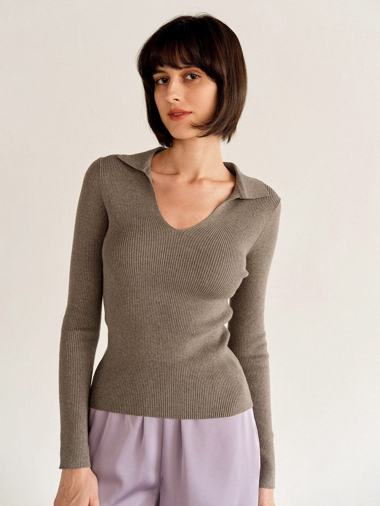 BERLOOK - Sustainable Sweaters & Knits _ Camel / S Polo Neck Long Sleeve Knit Top