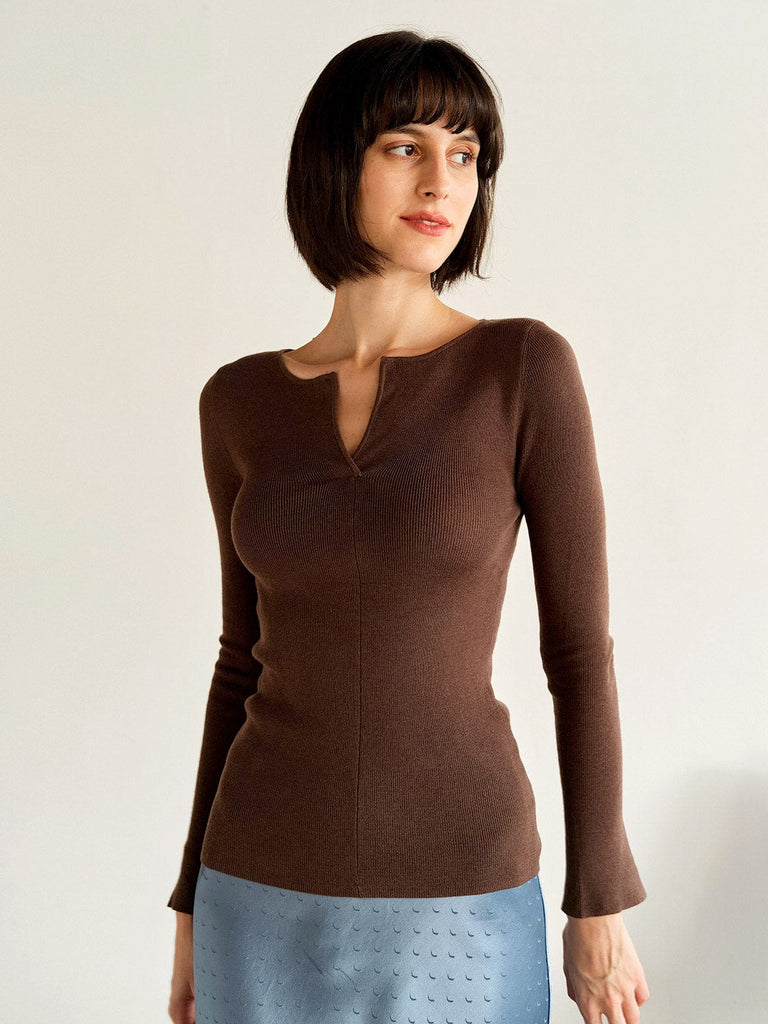BERLOOK - Sustainable Sweaters & Knits _ Coffee / One Size Flare Sleeve Knit Top