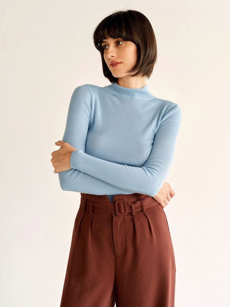 BERLOOK - Sustainable Sweaters & Knits _ Light Blue / One Size Mock Neck Knit Top