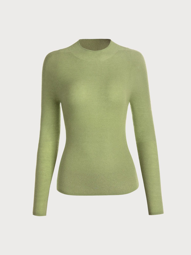 BERLOOK - Sustainable Sweaters & Knits _ Light Green / One Size Mock Neck Wool Knit Top