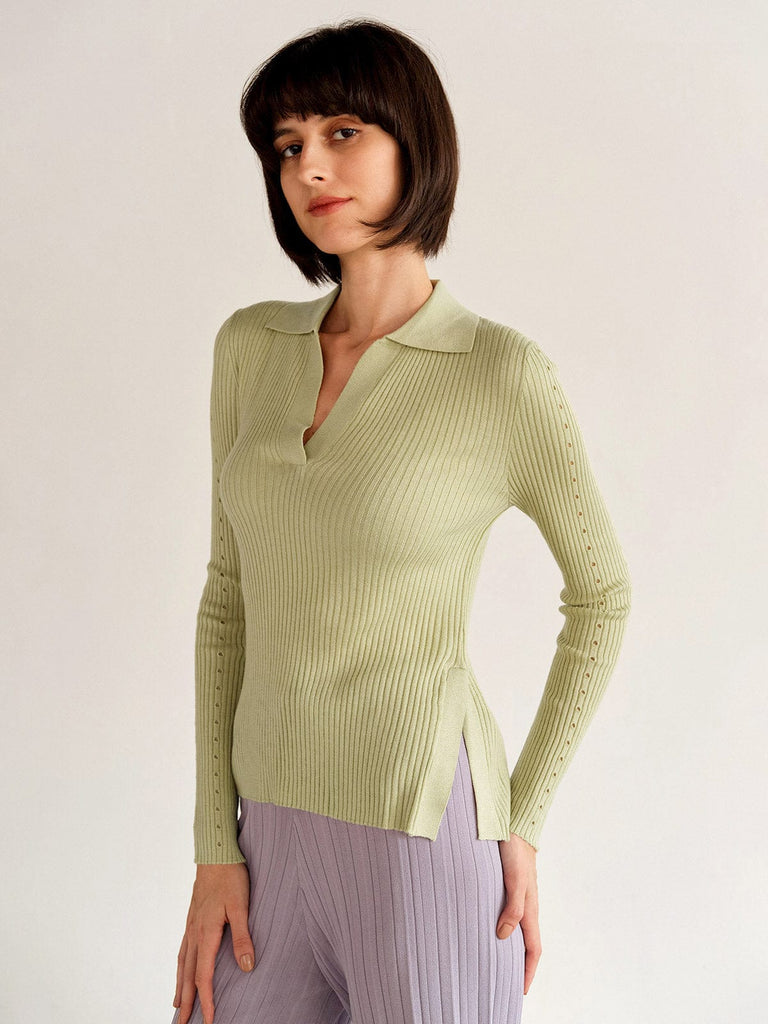 BERLOOK - Sustainable Sweaters & Knits _ Light Green / One Size Side Split Cutout Knit Top