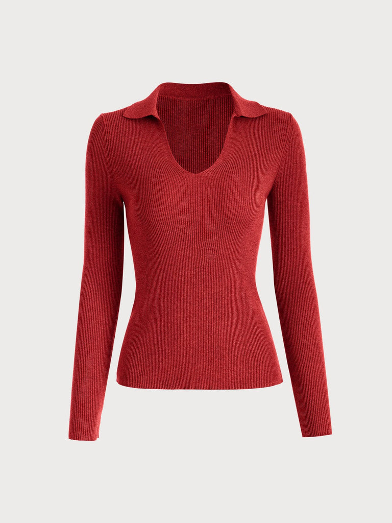BERLOOK - Sustainable Sweaters & Knits _ Red / S Polo Neck Long Sleeve Knit Top