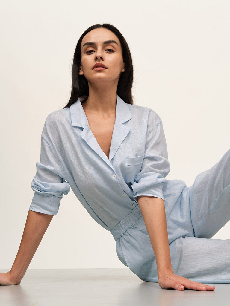 BERLOOK - Sustainable Tops _ Light Blue / S Lapel Pocket Linen Blouse