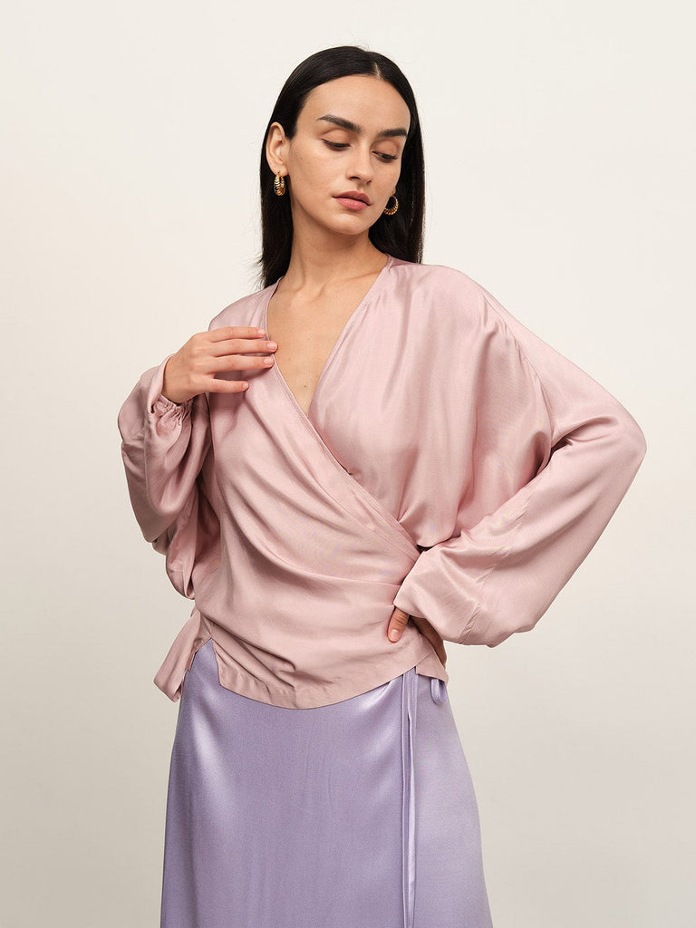 BERLOOK - Sustainable Tops _ Pink / S V Neck Wrap Blouse