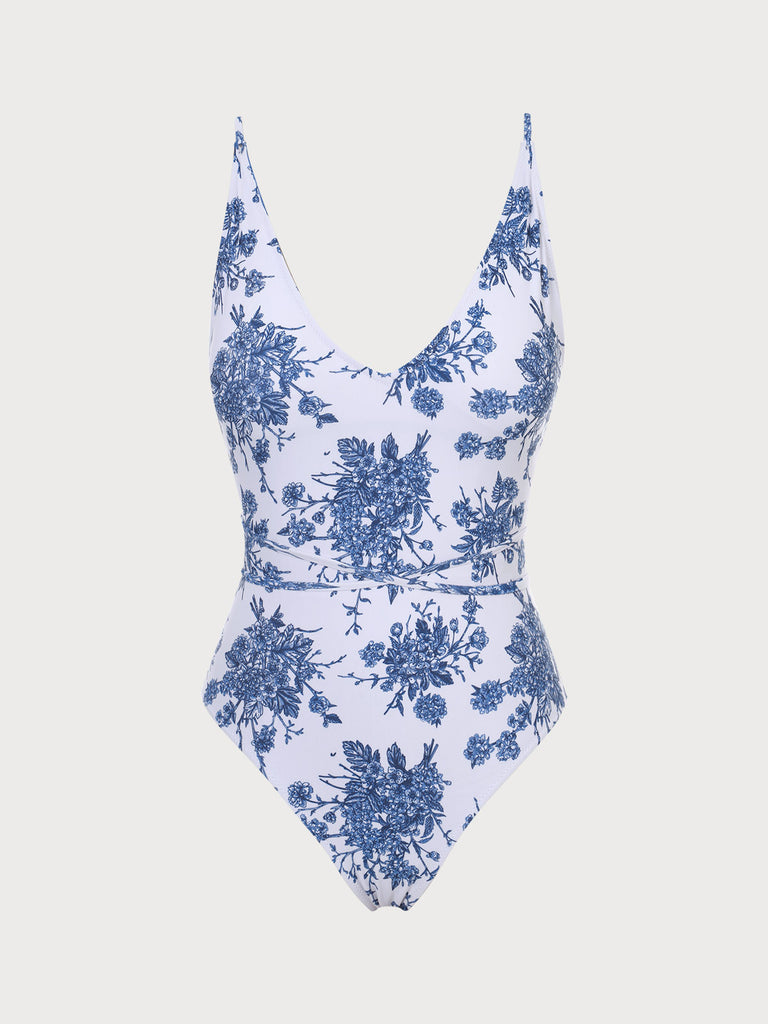 V Neck Backless One-Piece Swimsuit Blue Sustainable One-Pieces - BERLOOK
