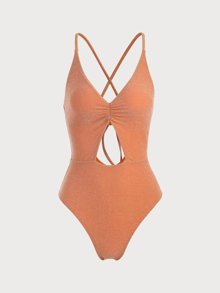 V Neck Lurex Cut Out One-Piece Swimsuit Orange Sustainable One-Pieces - BERLOOK